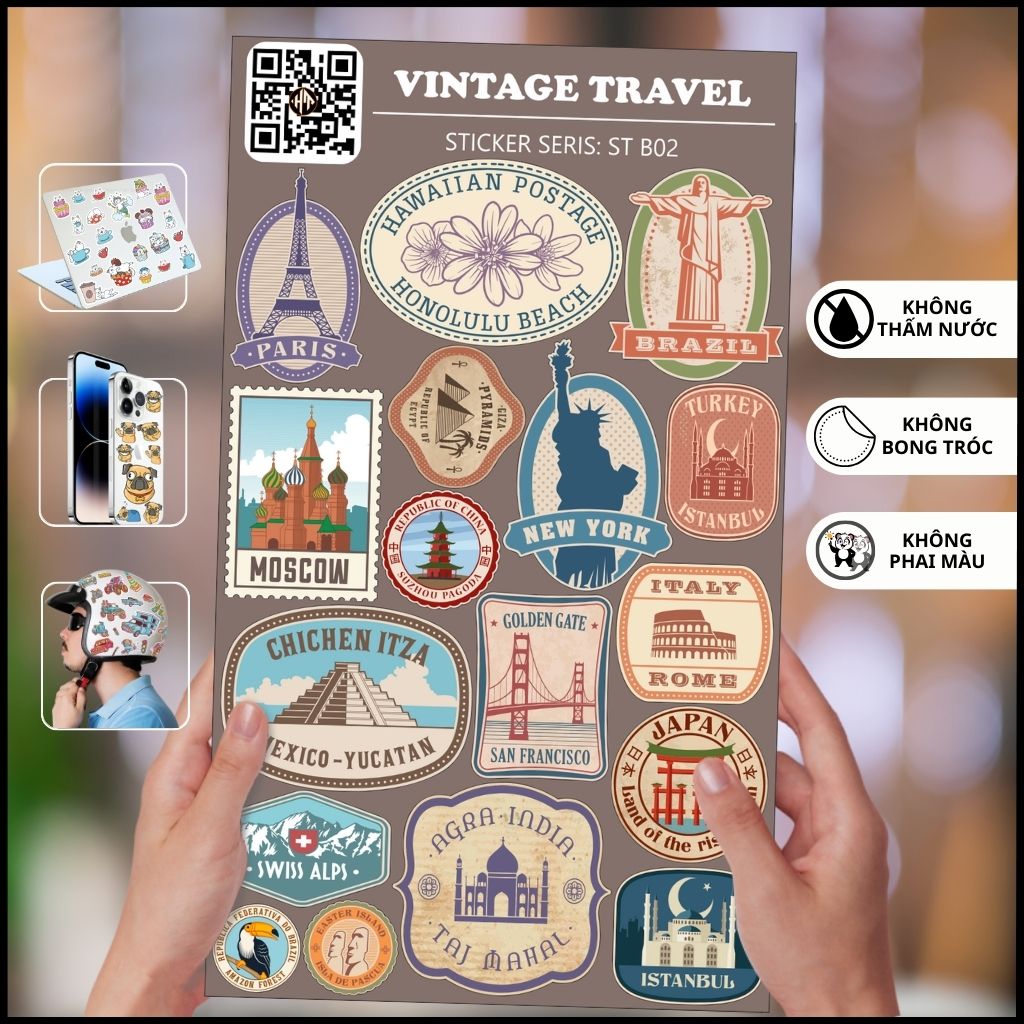Hình dán sticker du lịch Vintage Travel ST B02 chống thấm nước trang trí mũ bảo hiểm laptop điện thoại notebook