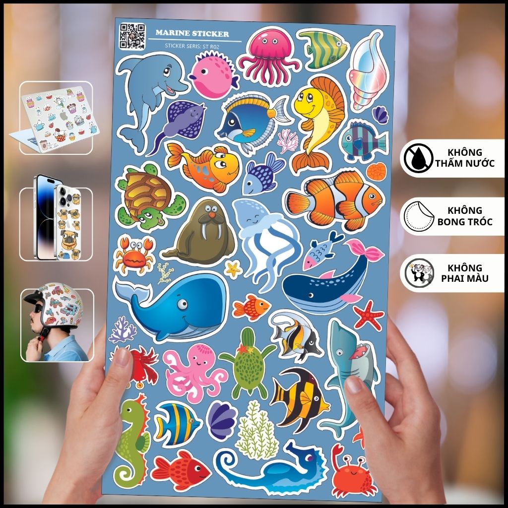 Hình dán sticker sinh vật biển Marine ST R02 nhám chống thấm xước bay màu hình dán mũ bảo hiểm laptop điện thoại