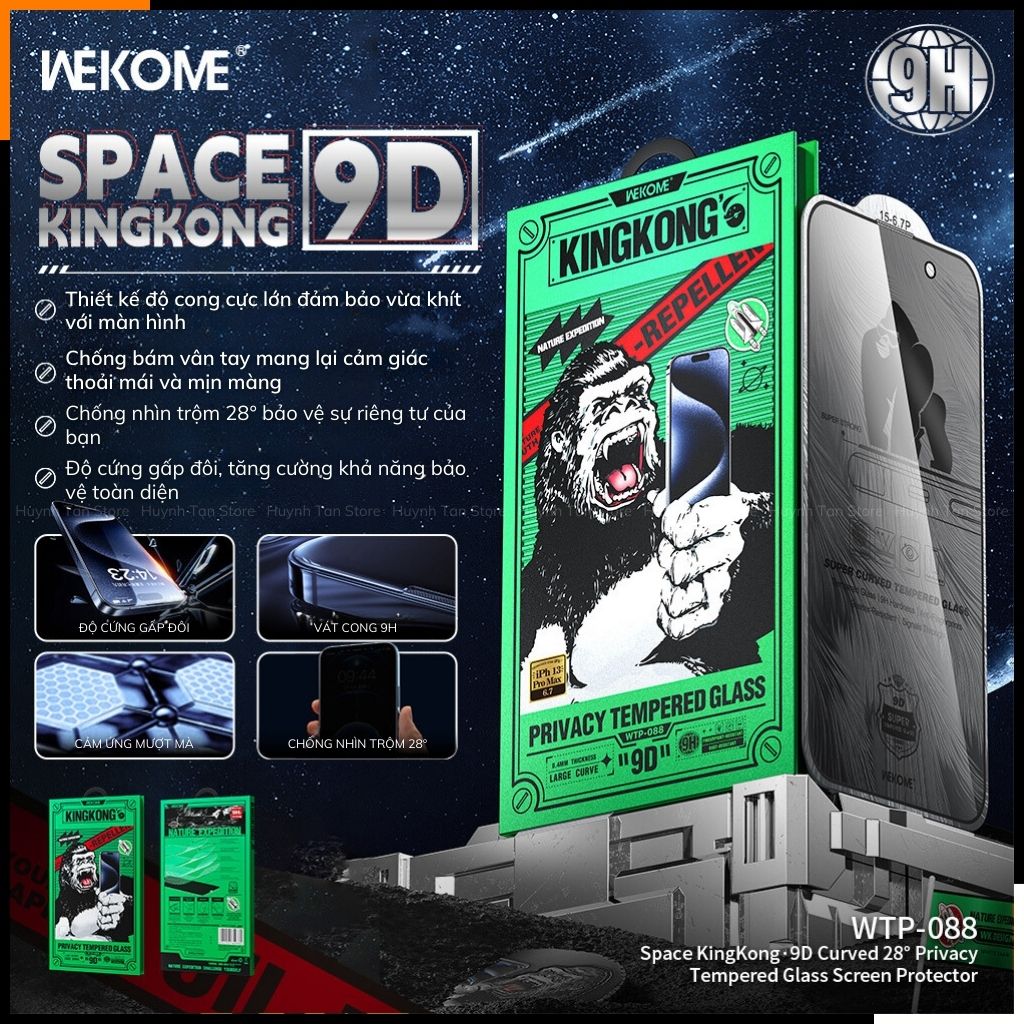 Cường lực chống nhìn trộm Wekome Kingkong Space iphone 16 pro max ip 15 14 13 12 pro vát cong 9D mới 2024  [WTP-088]