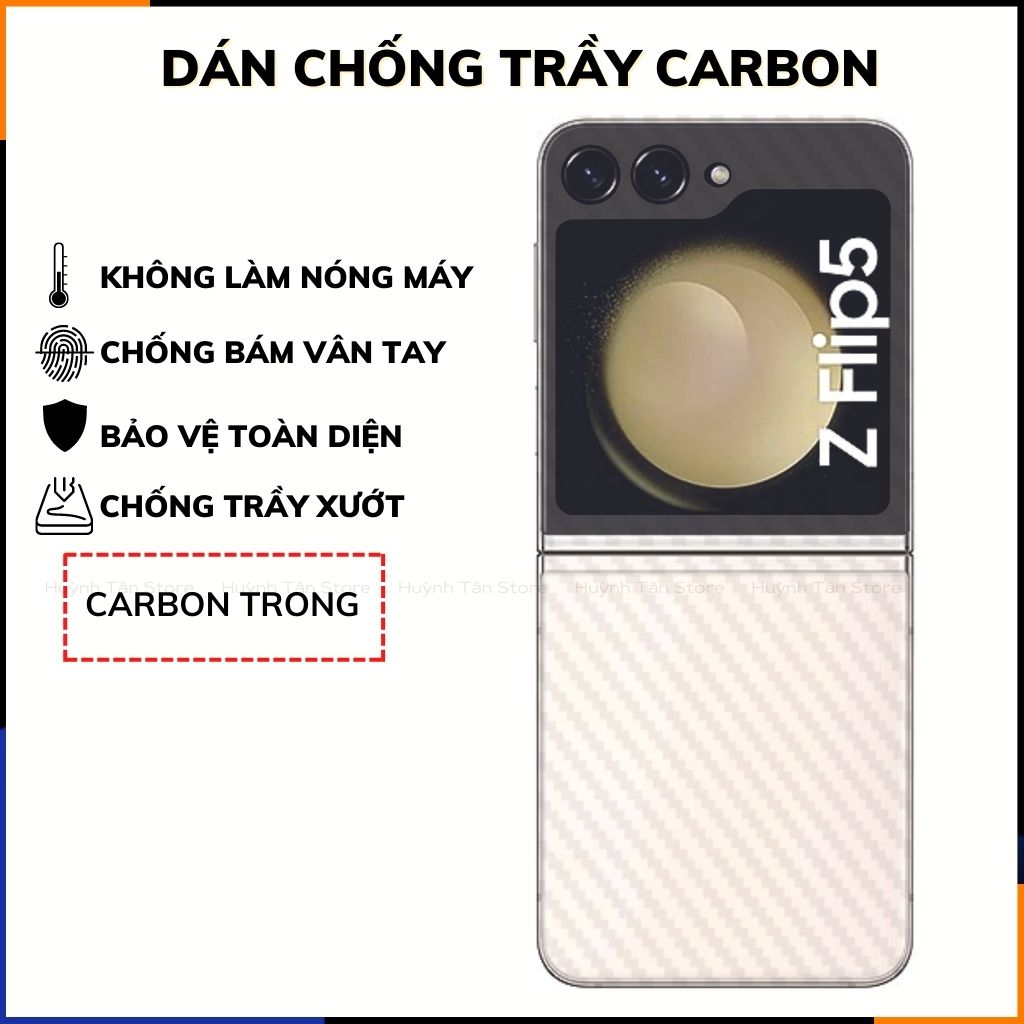 Miếng dán samsung z flip 5 carbon trong và đen chống trầy xướt chống bám vân tay phụ kiện điện thoại huỳnh tân store