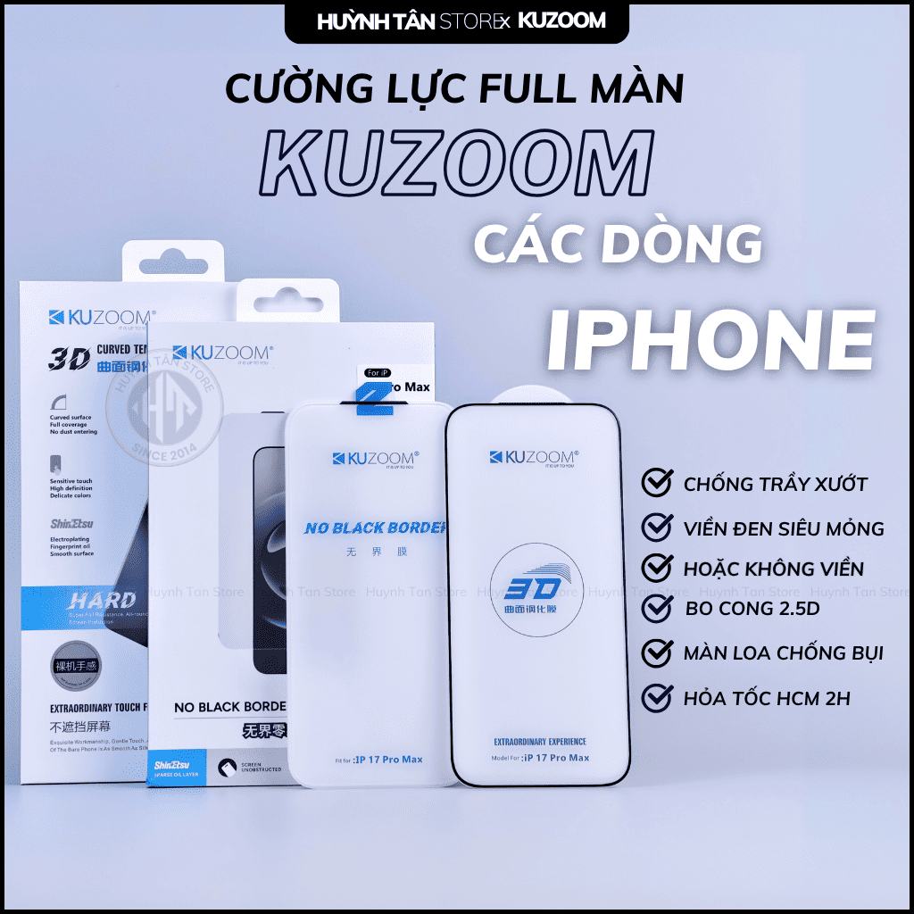 Kính cường lực iphone 17 pro max , ip 16 pro max , ip 15 pro max  trong suốt FULL MÀN không lẹm viền chính hãng KUZOOM phụ kiện điện thoại huỳnh tân store