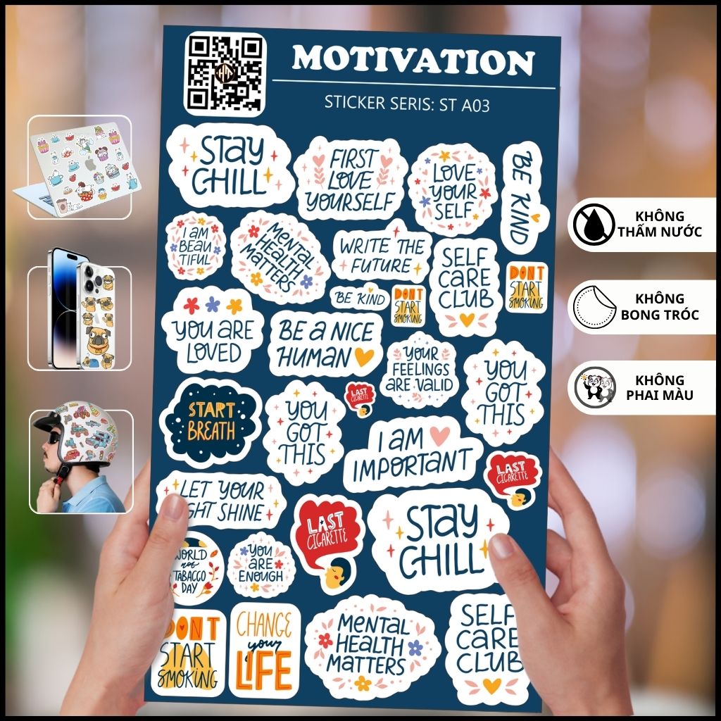 Hình dán sticker đẹp những câu thành ngữ hay Motivation ST A03 chất liệu vinyl phủ lớp chống thấm xước bay màu phụ kiện huỳnh tân store