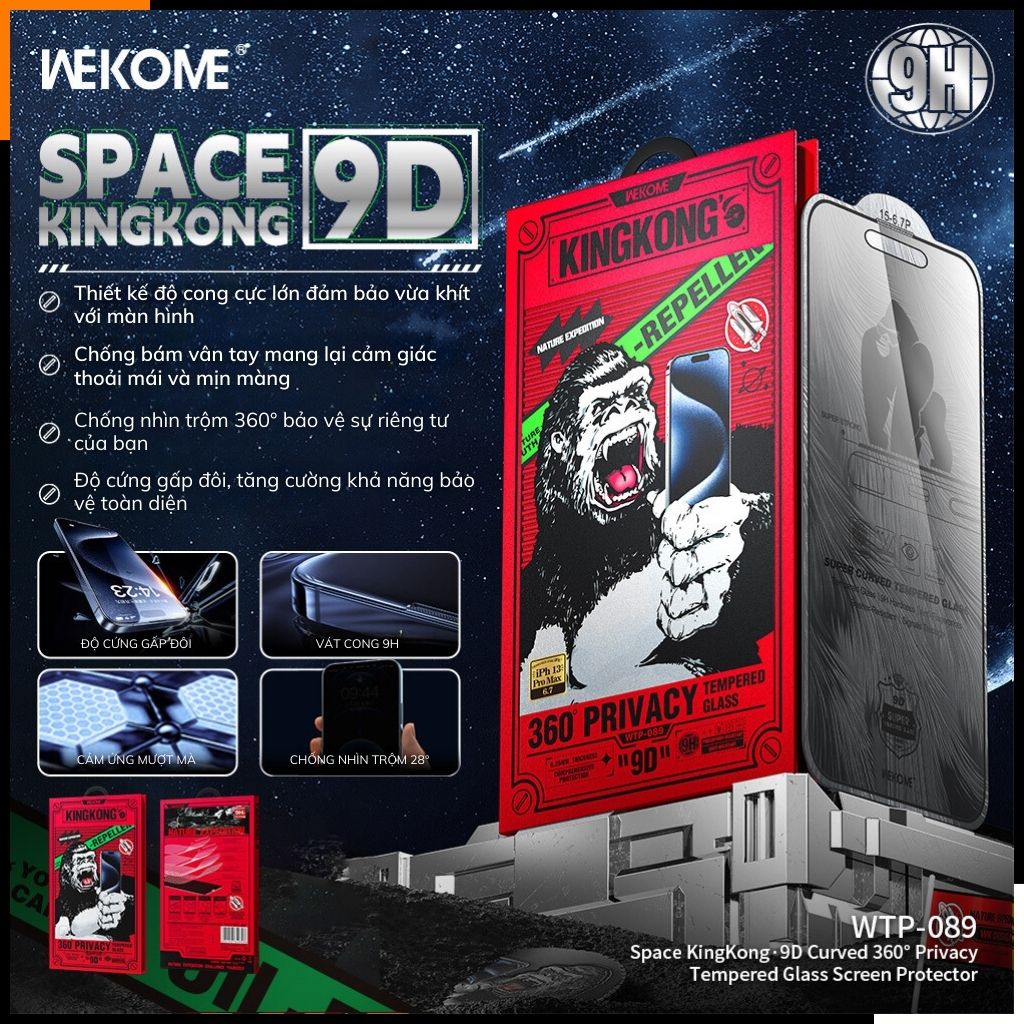 Cường lực Wekome Kingkong Space chống nhìn trộm 360 iphone 16 Pro Max ip 15 14 13 12 pro vát cong 9D  [WTP-089]