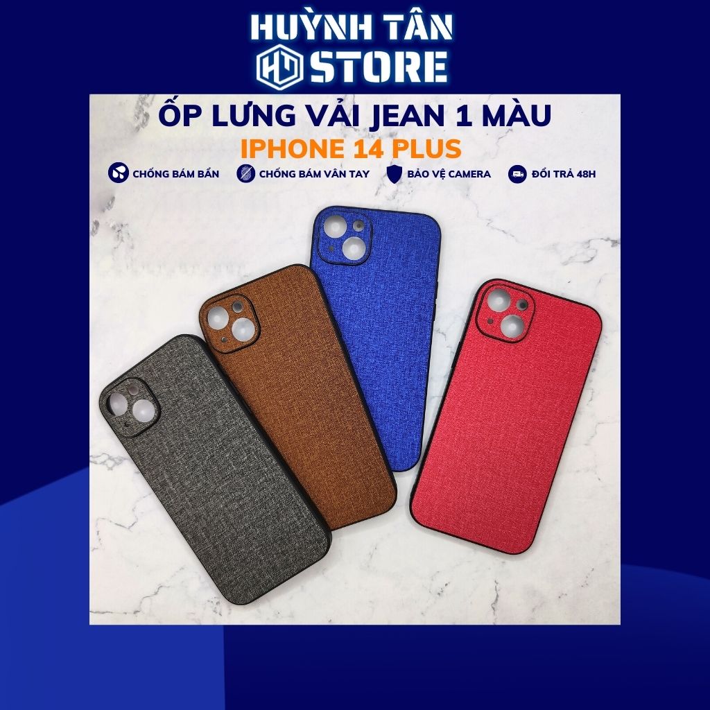 Ốp lưng iphone 14 plus chống vân tay nhựa cứng viền đen vải jean 1 màu phụ kiện điện thoại huỳnh tân store