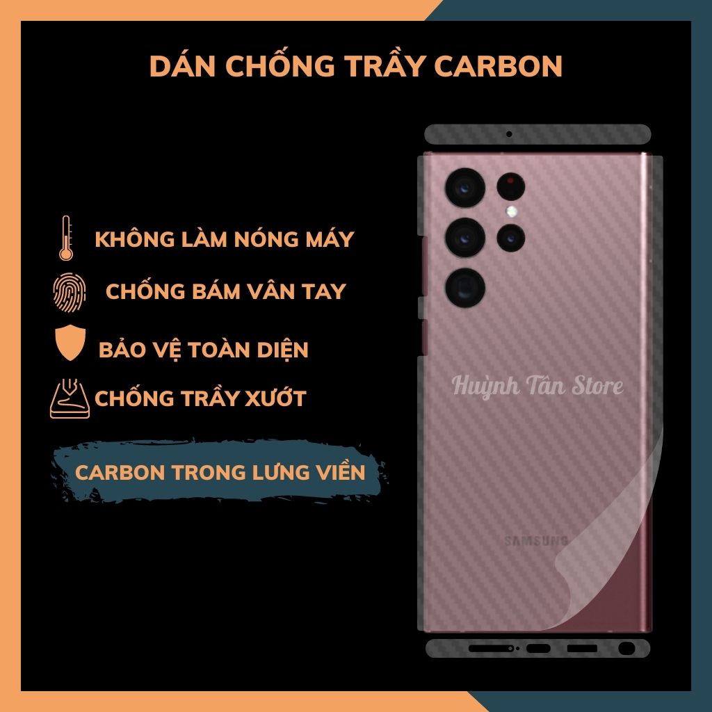 Miếng dán samsung s22 ultra carbon trong và đen chống trầy xướt chống bám vân tay phụ kiện huỳnh tân store