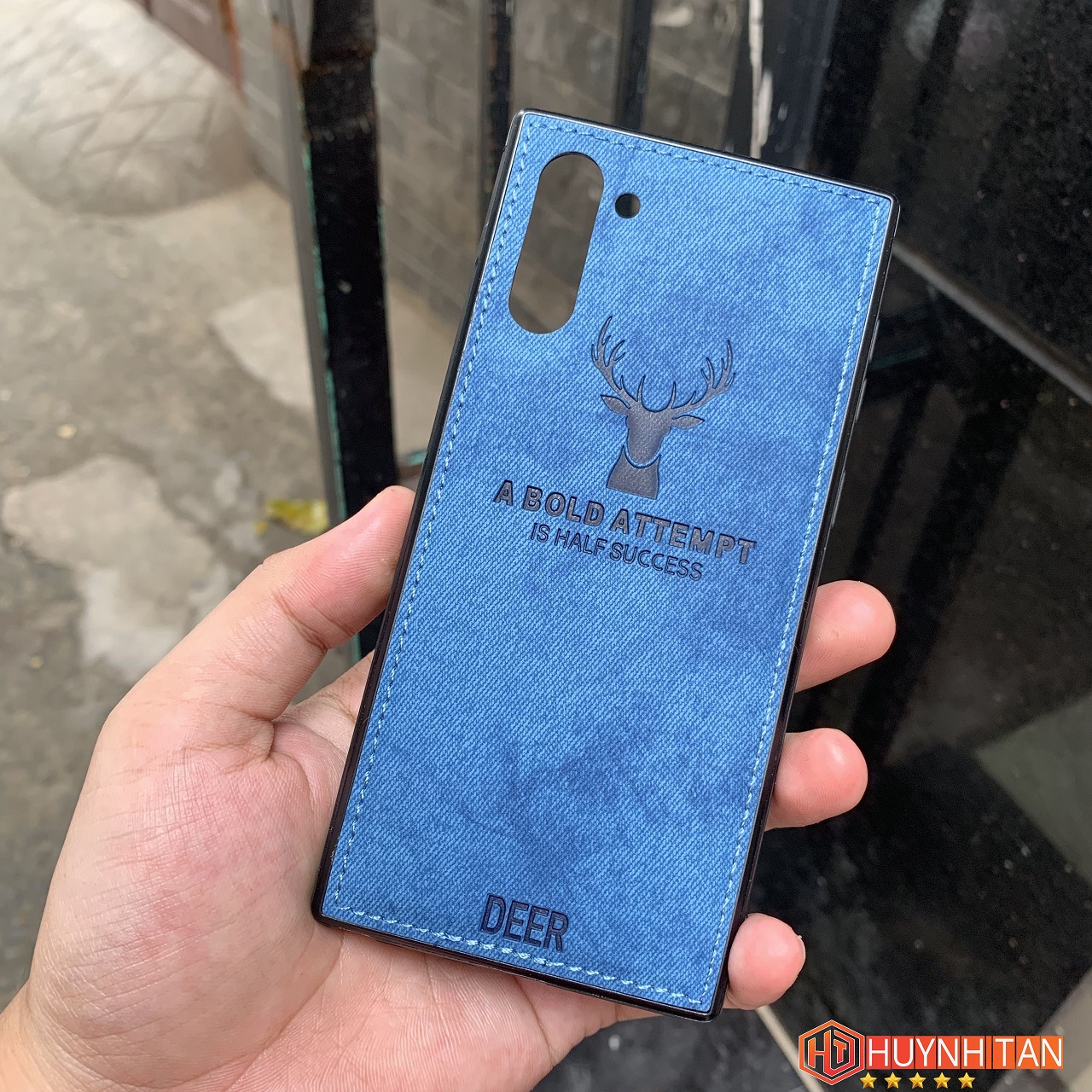 Ốp lưng Samsung Galaxy Note 10 vải Jean khắc hình Nai 3D