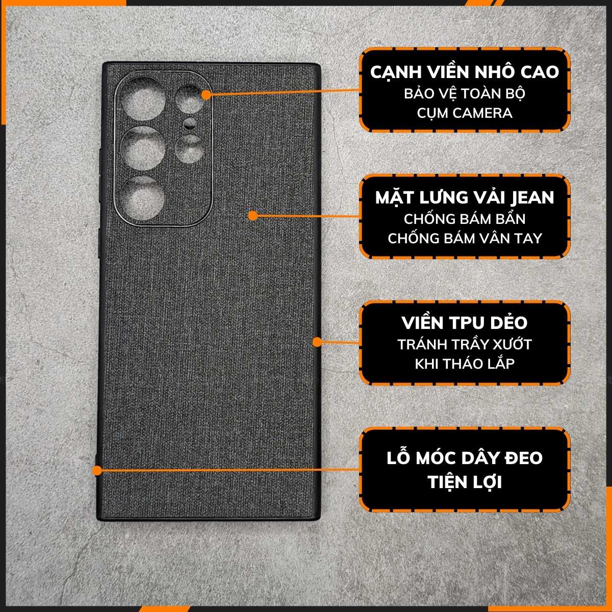 Ốp lưng samsung s23 ultra chống vân tay nhựa cứng viền đen vải jean 1 màu phụ kiện điện thoại huỳnh tân store