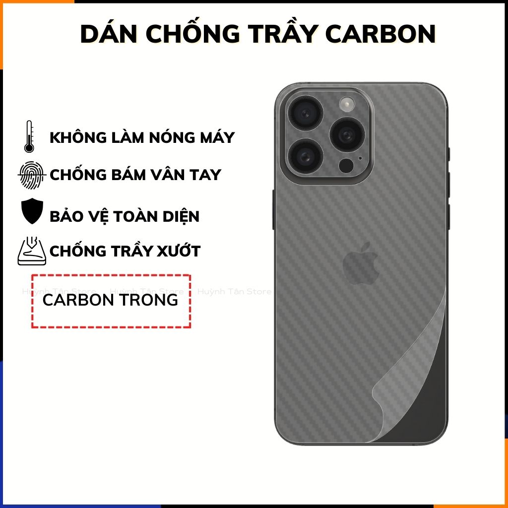 Miếng dán iphone 15 pro max carbon trong và đen chống trầy xướt chống bám vân tay phụ kiện điện thoại huỳnh tân store