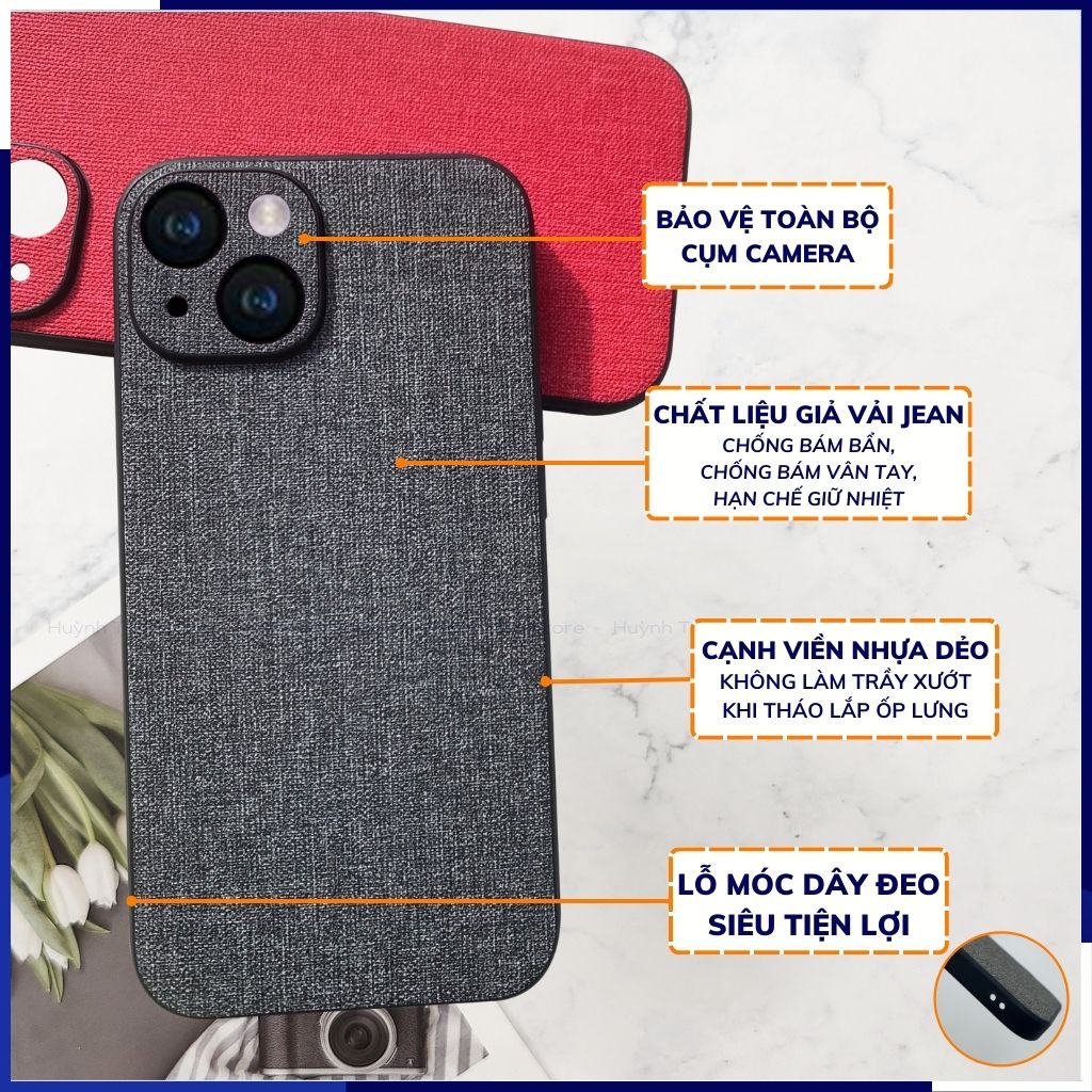 Ốp lưng iphone 14 chống vân tay nhựa cứng viền đen vải jean 1 màu phụ kiện điện thoại huỳnh tân store