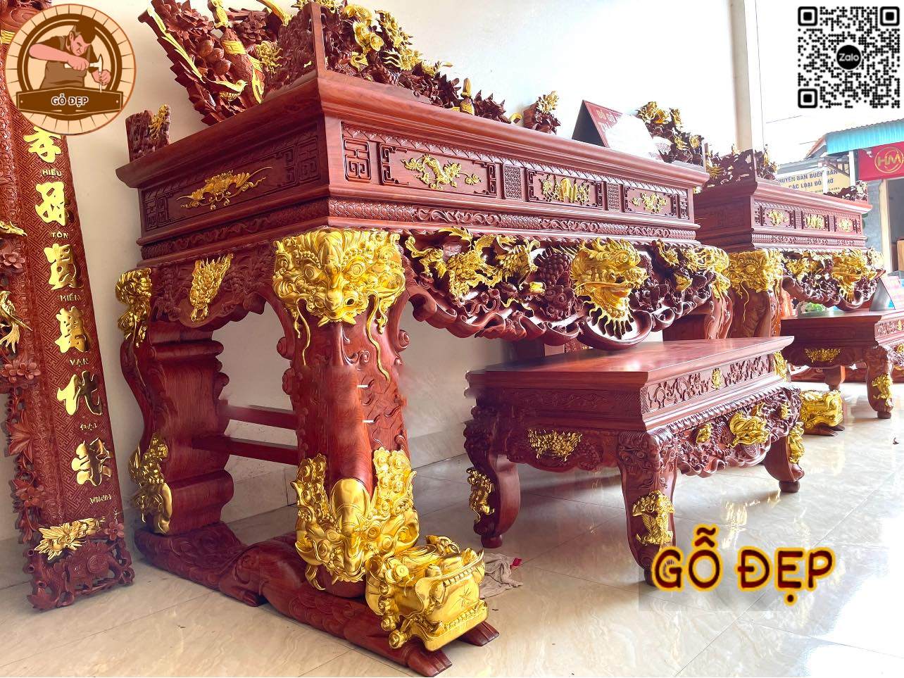 Sập Thờ Dát Vàng Gỗ Hương Đỏ - ST66889, cổ điển, trang trọng 