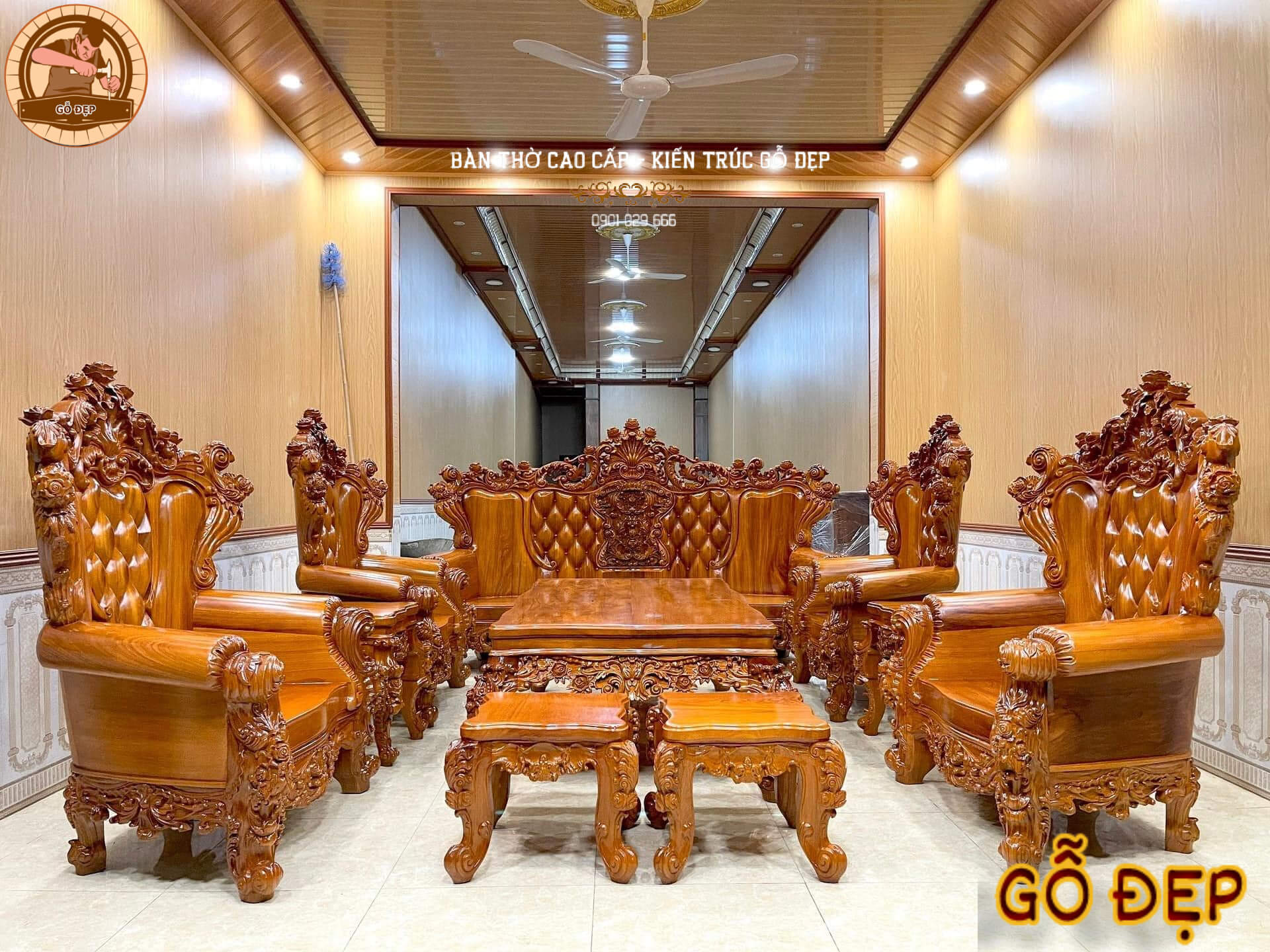 Bộ bàn ghế gỗ gõ Lào 10 ngón hoàng gia cao cấp