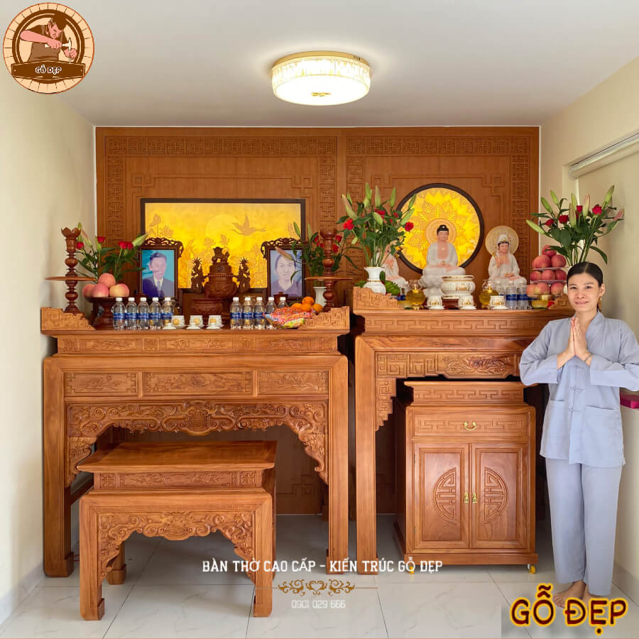 Mẫu bàn thờ Phật và gia tiên được làm từ gỗ Hương cao cấp