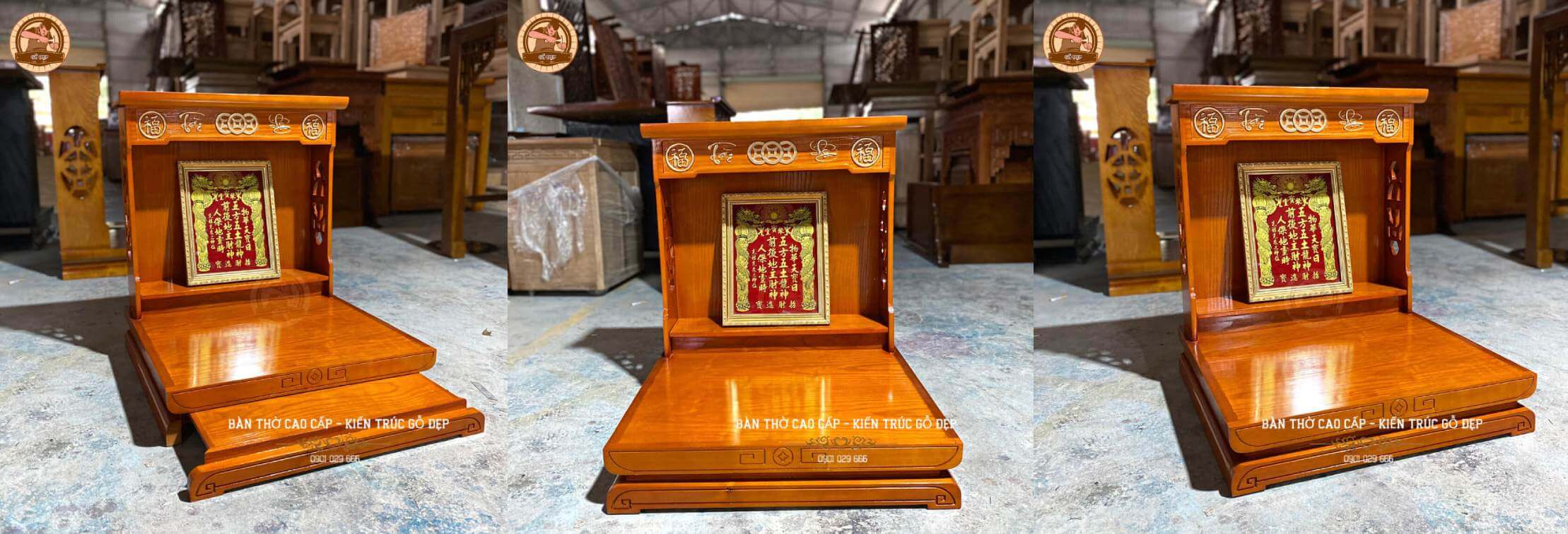 Mẫu bàn thờ thần tài hiện đại được chụp ảnh thực tế tài xưởng sản xuất bàn thờ gỗ đẹp, trước khi giao cho khách hàng ở vũng tàu.
