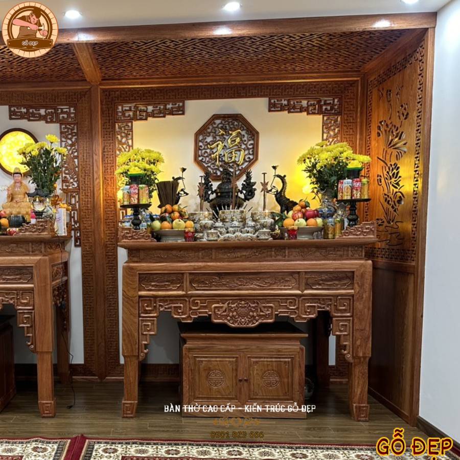 Thiết Kế Phòng Thờ Gia Tiền và Phật Tại Long Biên, Hà Nội - Gỗ Gõ Đỏ và Vách Ngăn CNC