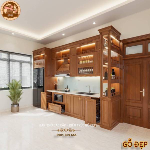 Mẫu Tủ Bếp Gỗ Gõ Đỏ 