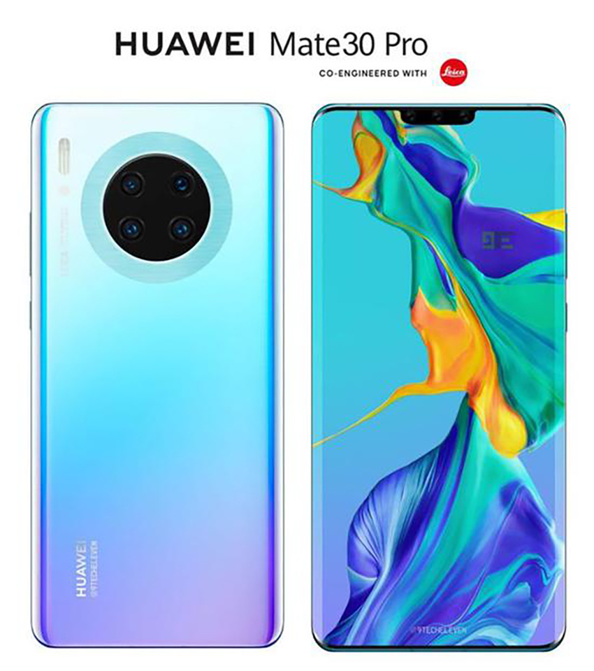 Huawei Mate 30 Pro tiếp tục lộ ảnh render với màn hình “tai thỏ” cong tràn viền cùng 4 camera tròn