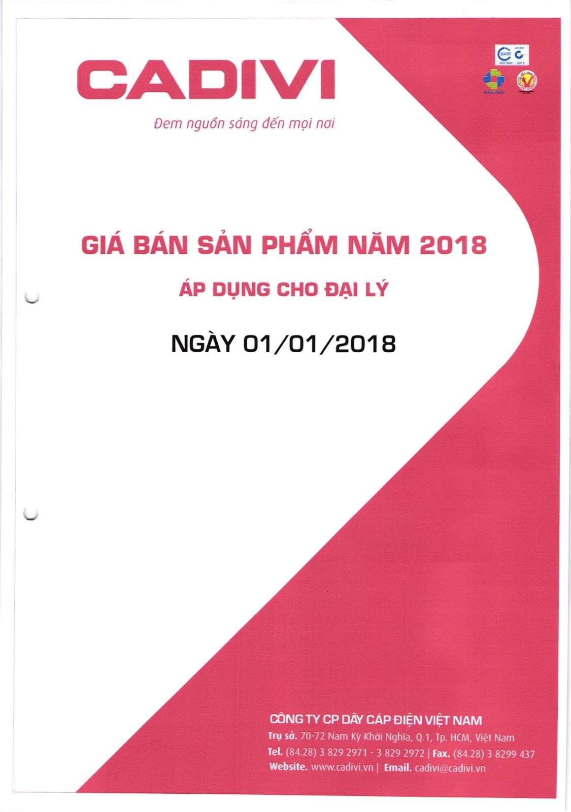 bảng Catalogue dây cáp Cadivi mới nhất 2018