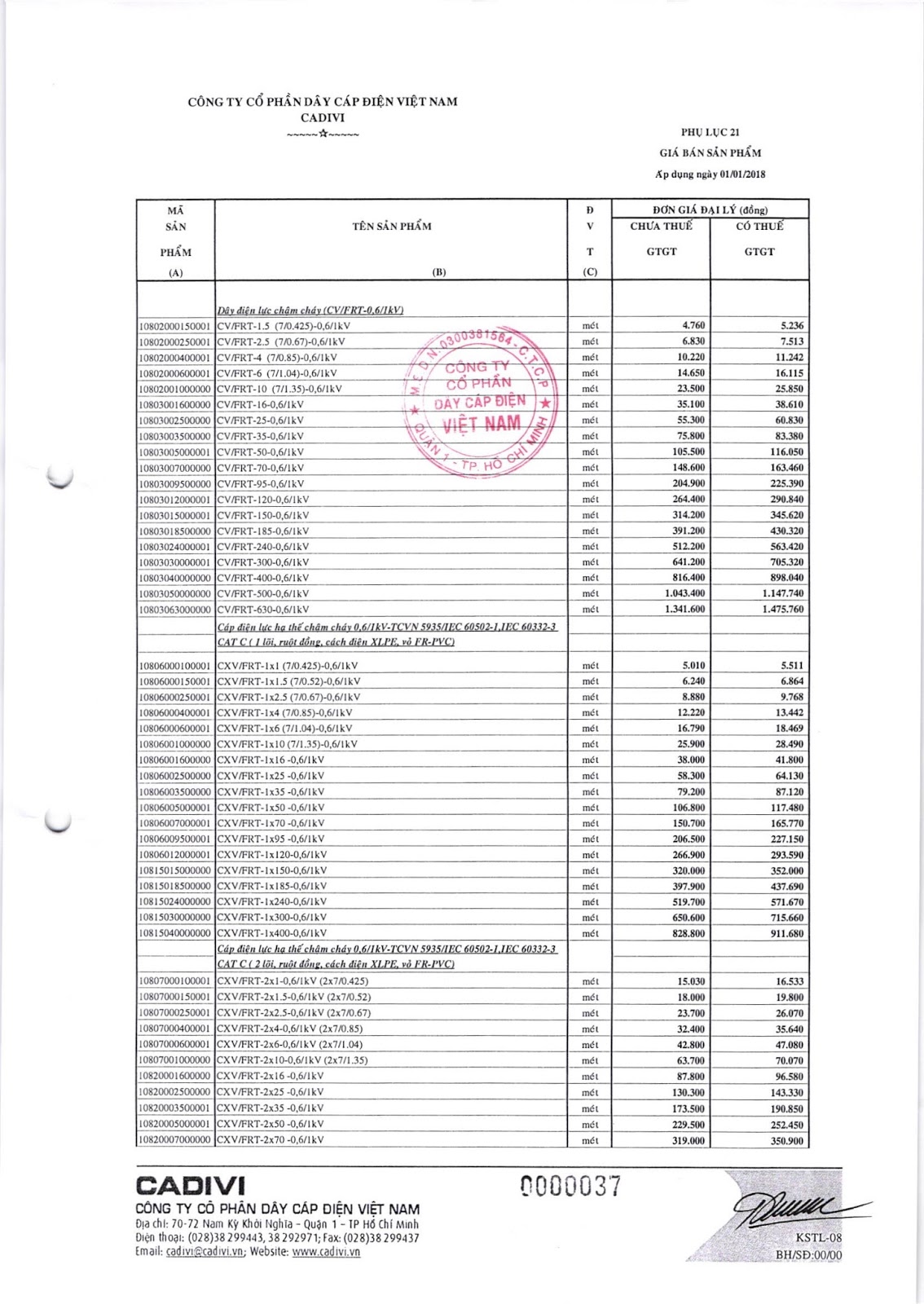 bảng Catalogue dây cáp Cadivi mới nhất 2018