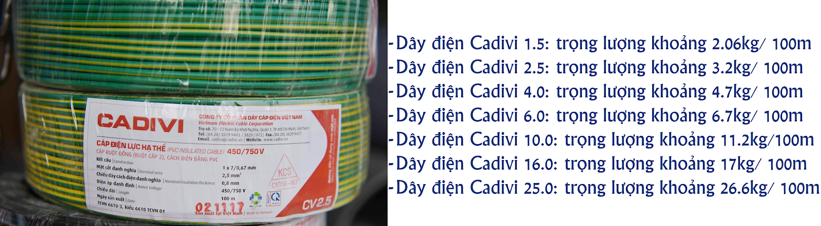 Bảng trọng lượng dây điện Cadivi mới nhất từ NPP