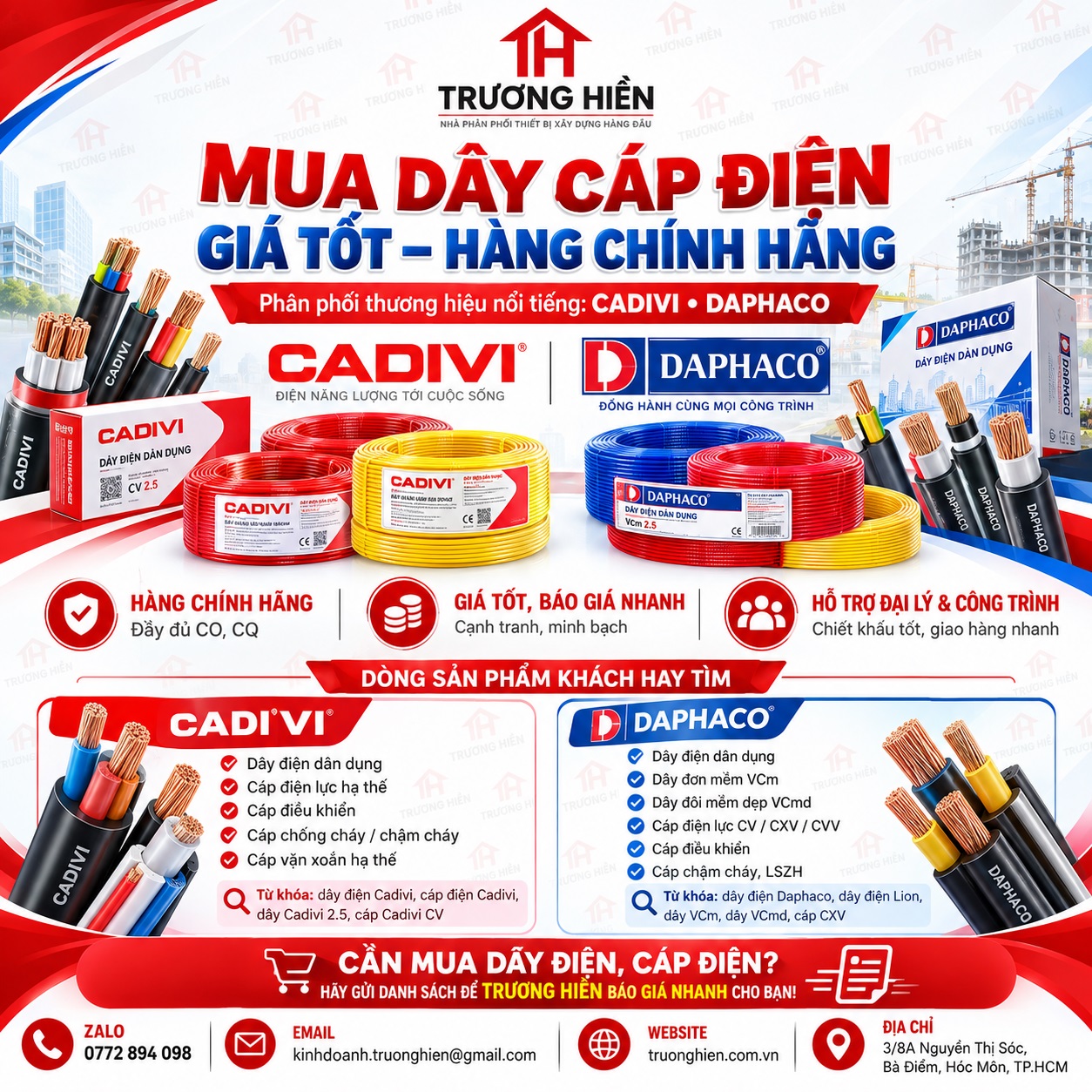 Mua Dây Cáp Điện Chính Hãng Giá Tốt Tại TP.HCM – CADIVI, DAPHACO Có Sẵn Tại TRƯƠNG HIỀN