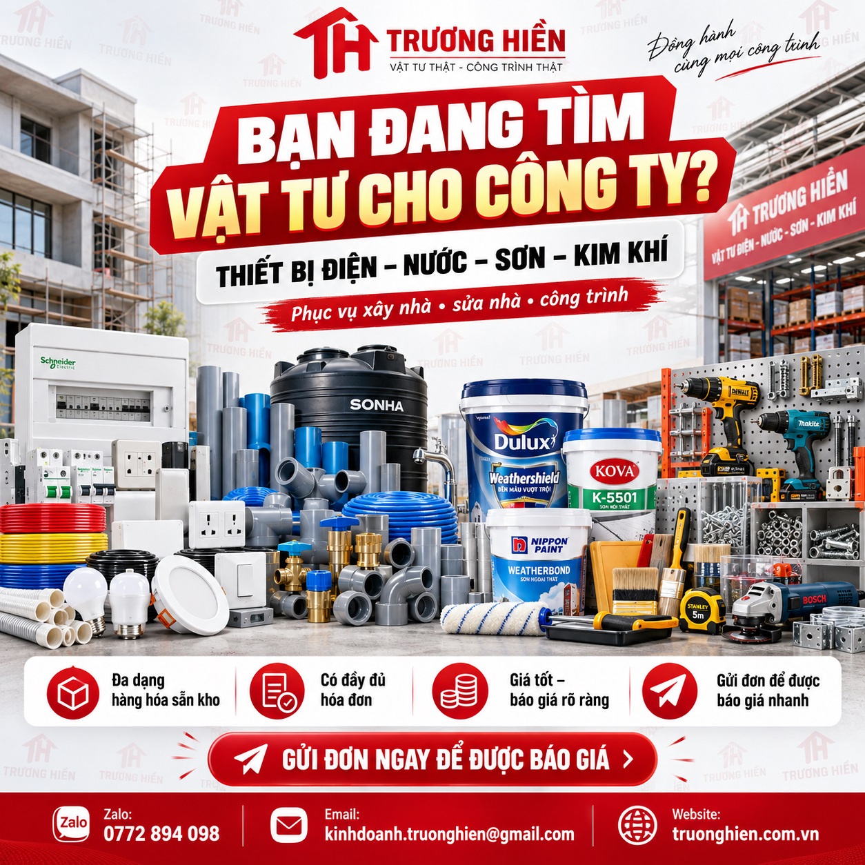Vật Tư Điện Nước – Sơn – Kim Khí Cho Công Ty, Công Trình: Gửi Đơn Để TRƯƠNG HIỀN Báo Giá Nhanh