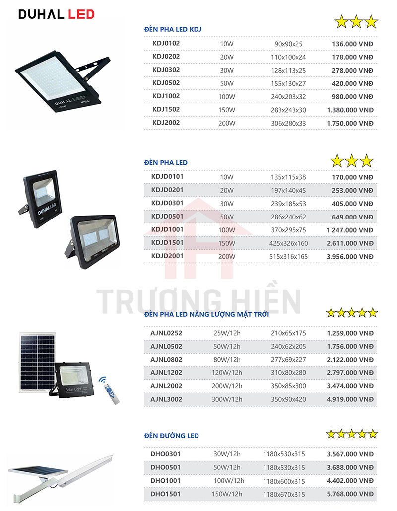 catalogue và bảng giá đèn LED Duhal 11