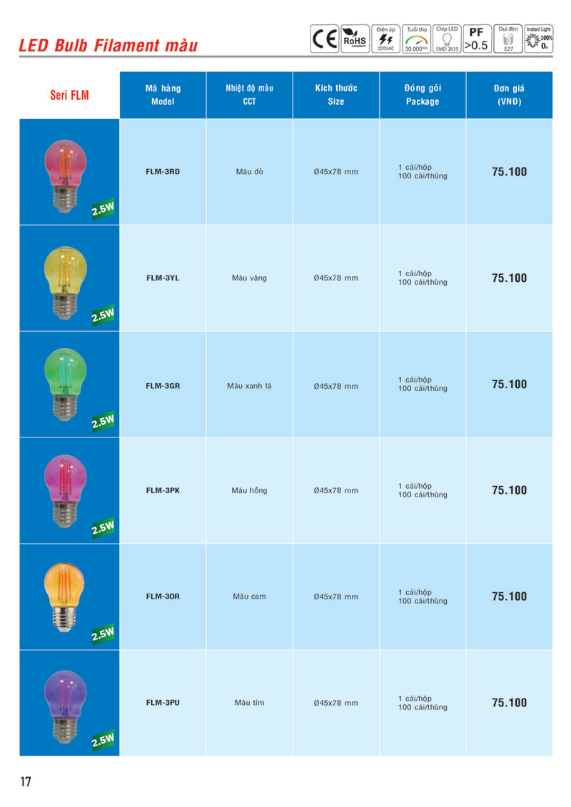 Bảng giá Đèn LED Bulb Filament màu