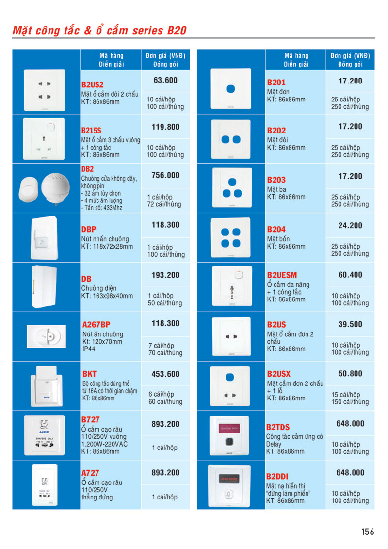 Bảng giá mặt công tắc, ổ cắm MPE seri B20