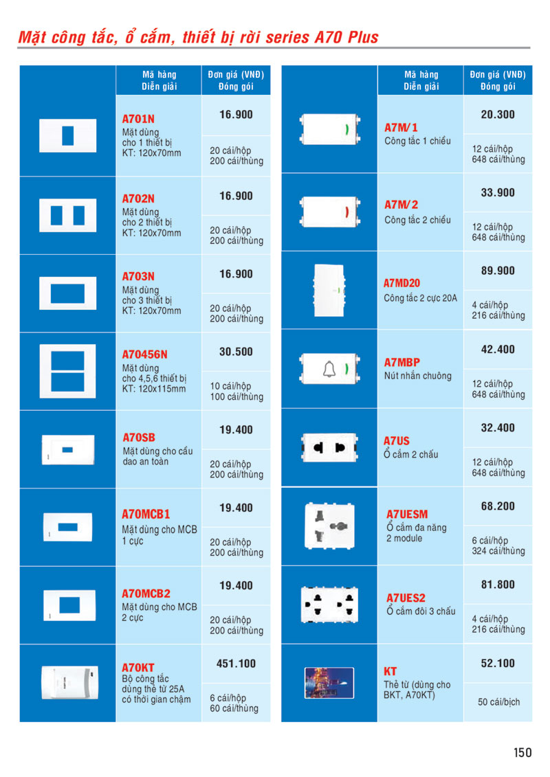 Bảng giá công tắc, ổ cắm MPE seri A70 Plus