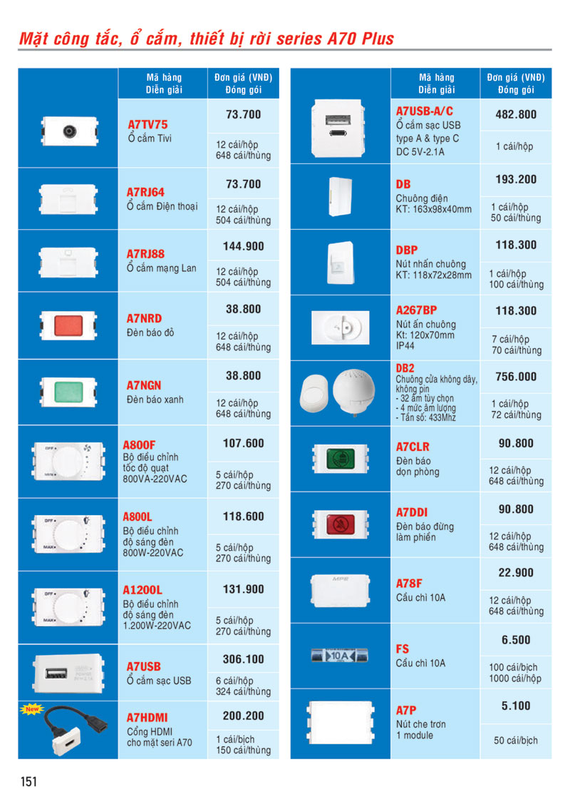 Bảng giá công tắc, ổ cắm MPE seri A70 Plus trang 2