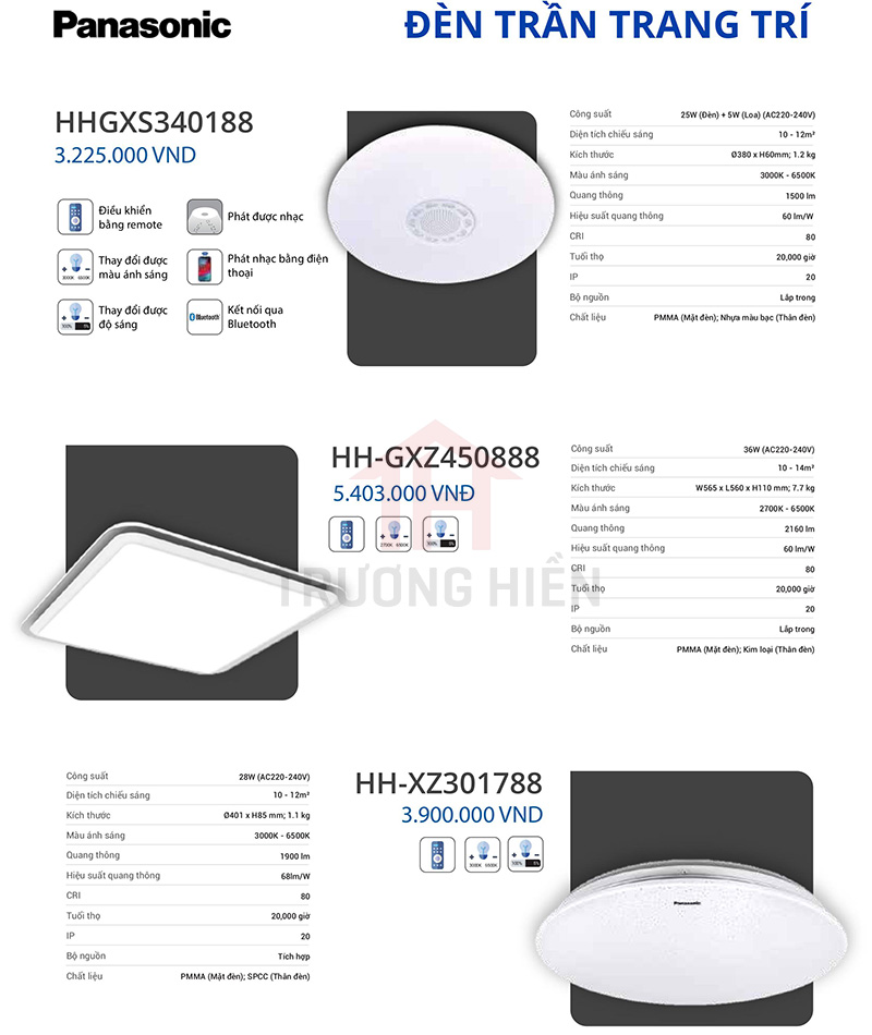 catalogue và báo giá đèn trần trang trí của Panasonic