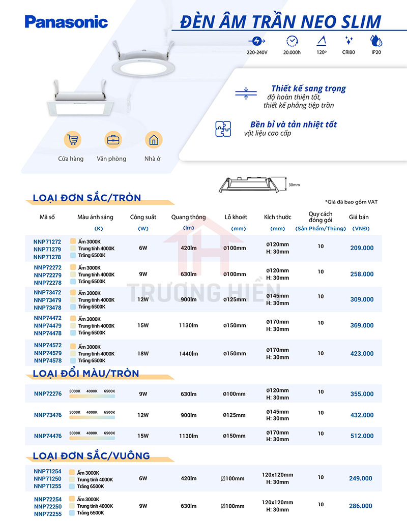 catalogue và báo giá đèn âm trần neo slim của Panasonic