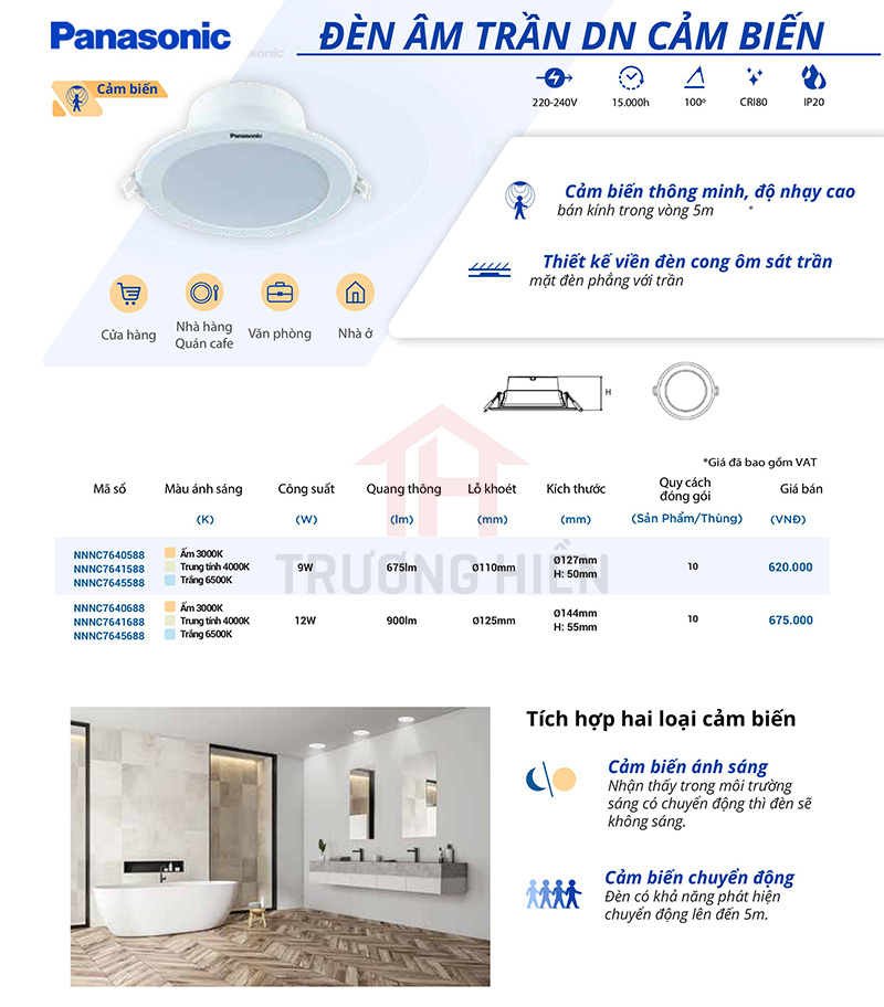 catalogue và báo giá đèn âm trần DN cảm biến của Panasonic