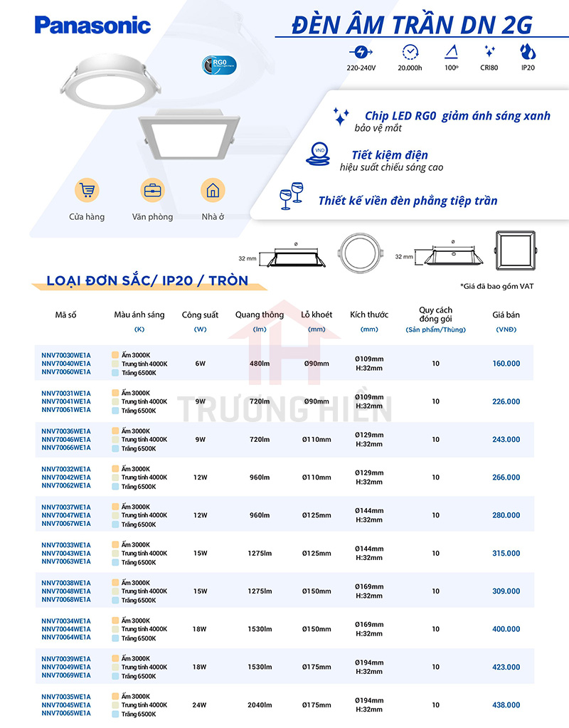 catalogue và báo giá đèn âm trần DN cảm biến 2G của Panasonic