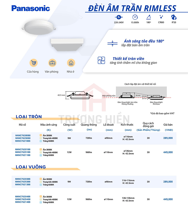 catalogue và báo giá đèn âm trần rimless của Panasonic