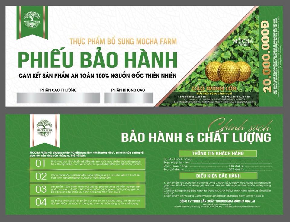 Thực Phẩm Bổ Sung Mocha Farm - Phiếu Bảo Hành