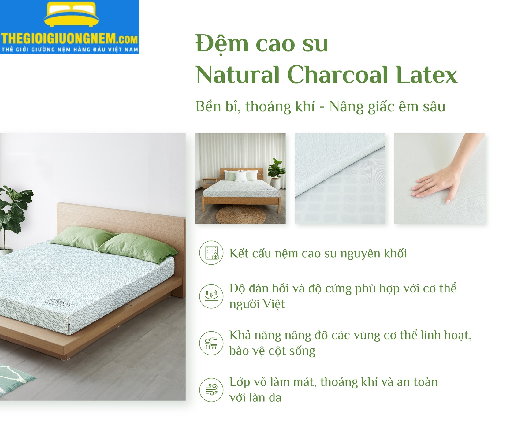 Đệm Cao Su Than Hoạt Tính Everon - Natural Charcoal Latex