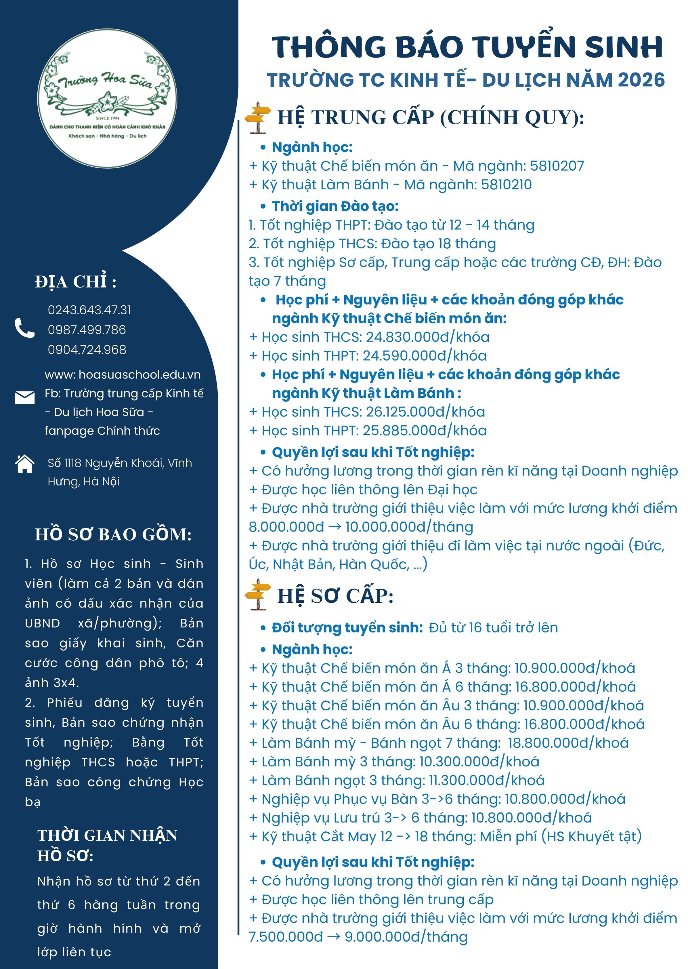 TRƯỜNG TC KINH TẾ - DU LỊCH HOA SỮA THÔNG BÁO TUYỂN SINH NĂM 2026