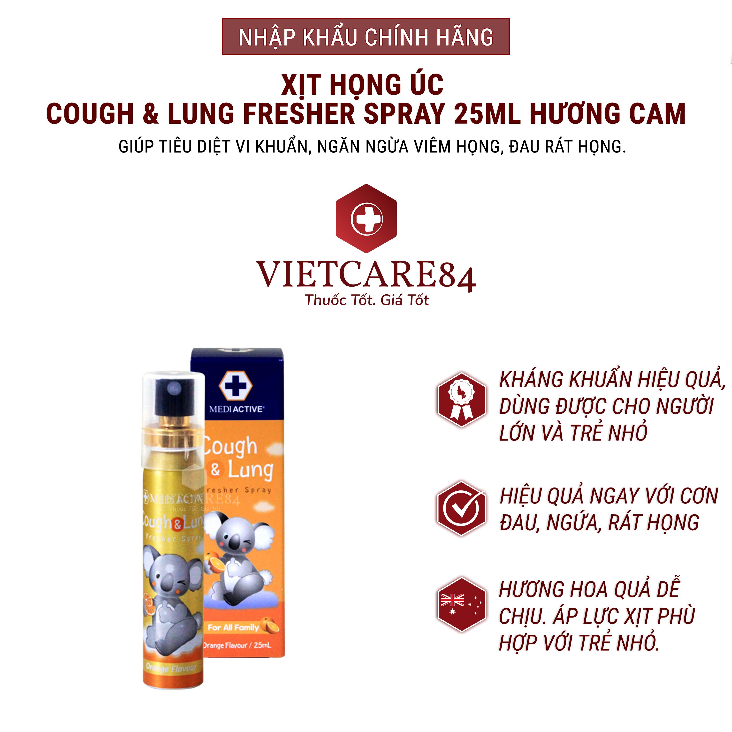 XỊT HỌNG ÚC COUGH & LUNG FRESHER SPRAY 25ML HƯƠNG CAM