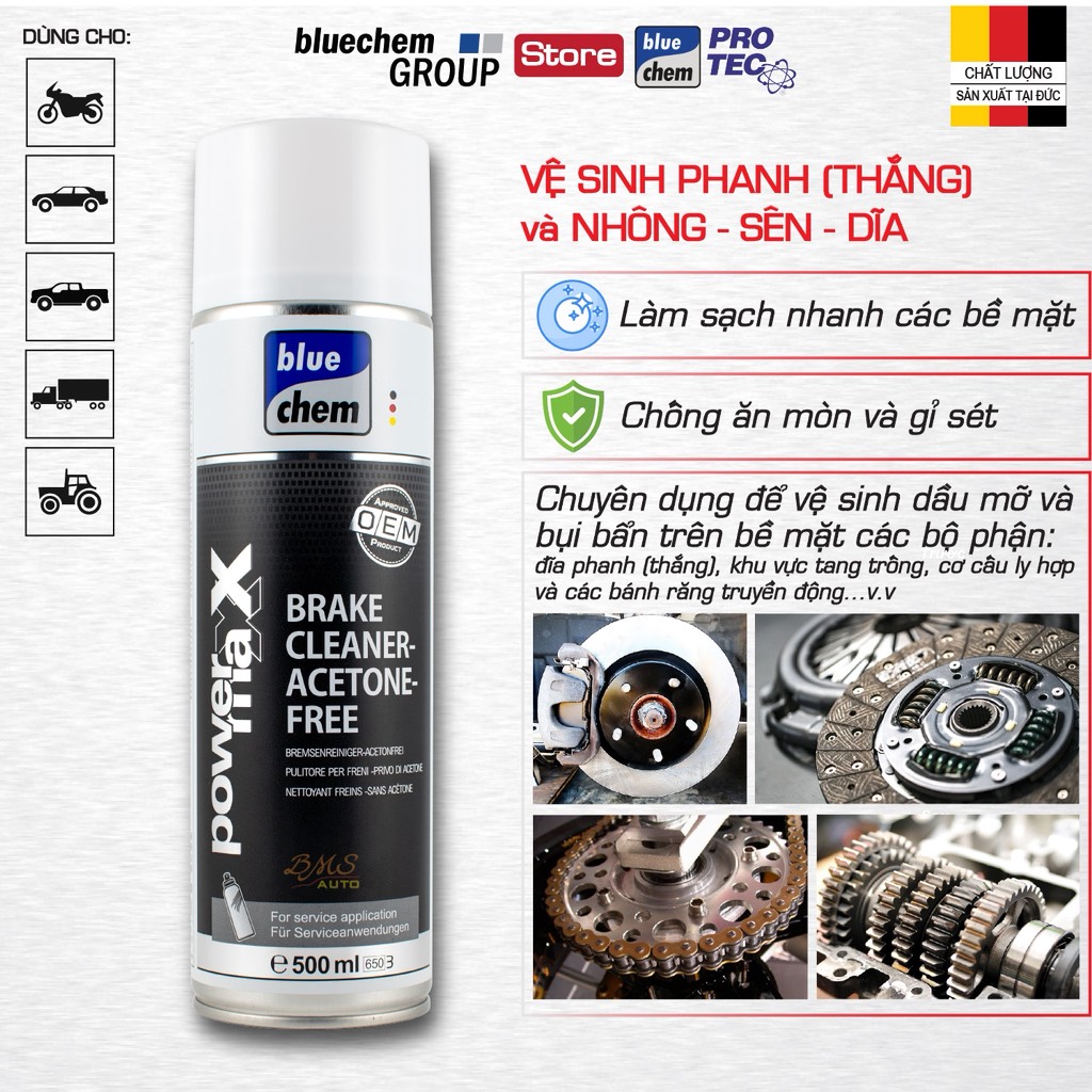 Dung dịch bluechem Vệ sinh Đĩa - Bố phanh, Nhông Sên Dĩa (Brake Cleaner Aerosol) 500ml
