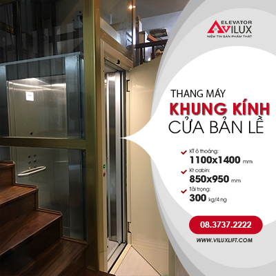 Thang máy thủy lực khung kính cửa mở bản lề