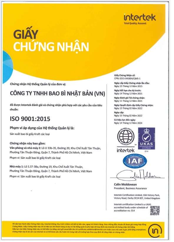 chứng chỉ ISO của JPT-HCM