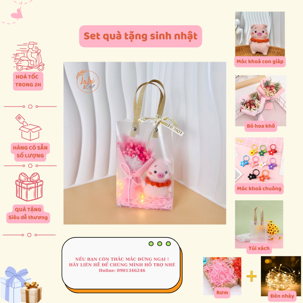 Set Quà Sinh Nhật Handmade Dễ Thương LYLYCRAFT , Móc Khoá Len 12 Con Giáp Kèm Túi Đựng  Có Sẵn Thiệp