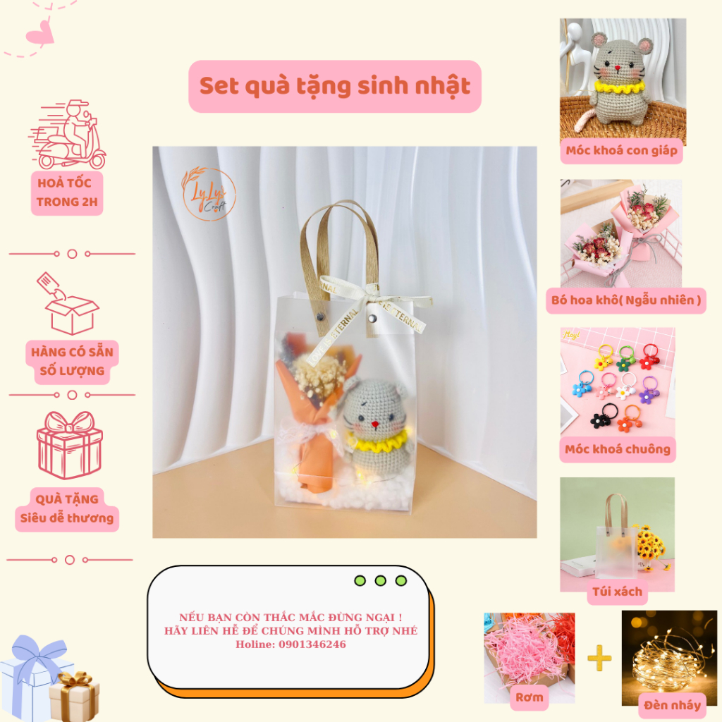 Set Quà Sinh Nhật Handmade Dễ Thương LYLYCRAFT , Móc Khoá Len 12 Con Giáp Kèm Túi Đựng  Có Sẵn Thiệp