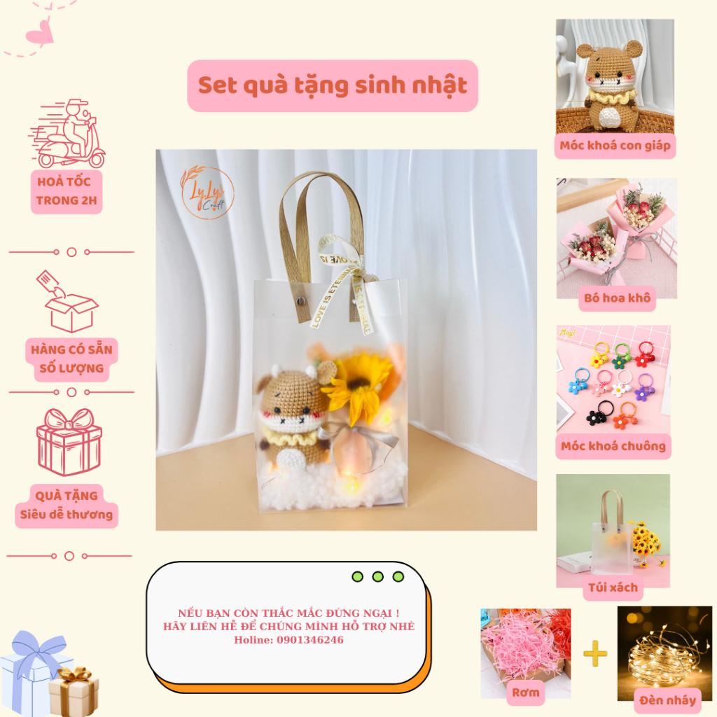 Set Quà Sinh Nhật Handmade Dễ Thương LYLYCRAFT , Móc Khoá Len 12 Con Giáp Kèm Túi Đựng  Có Sẵn Thiệp