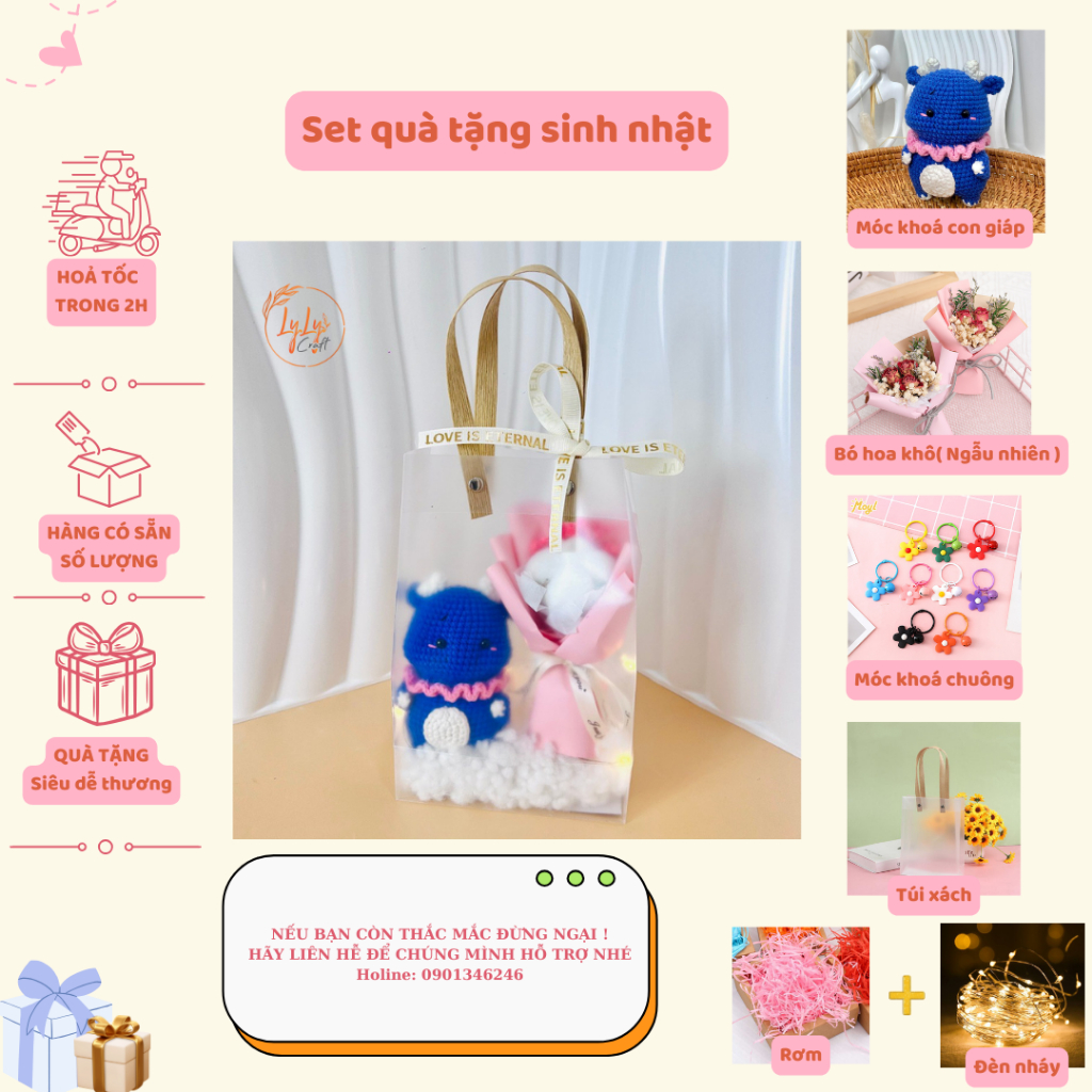 Set Quà Sinh Nhật Handmade Dễ Thương LYLYCRAFT , Móc Khoá Len 12 Con Giáp Kèm Túi Đựng  Có Sẵn Thiệp
