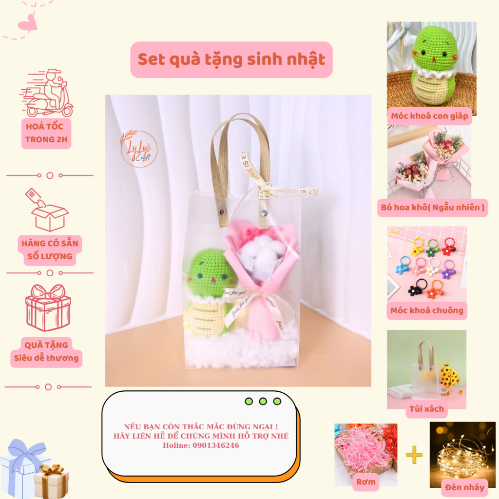 Set Quà Sinh Nhật Handmade Dễ Thương LYLYCRAFT , Móc Khoá Len 12 Con Giáp Kèm Túi Đựng  Có Sẵn Thiệp