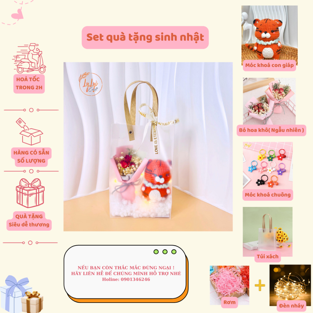 Set Quà Sinh Nhật Handmade Dễ Thương LYLYCRAFT , Móc Khoá Len 12 Con Giáp Kèm Túi Đựng  Có Sẵn Thiệp