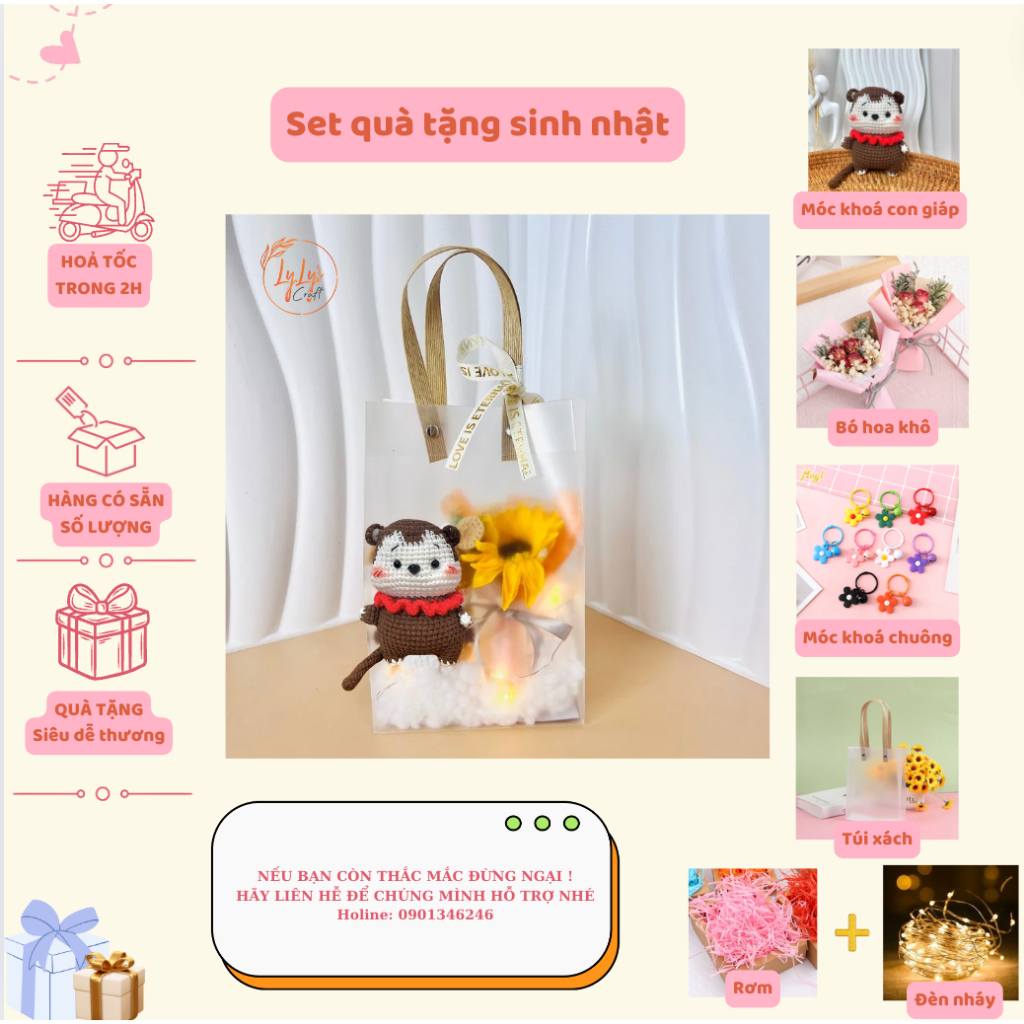 Set Quà Sinh Nhật Handmade Dễ Thương LYLYCRAFT , Móc Khoá Len 12 Con Giáp Kèm Túi Đựng  Có Sẵn Thiệp