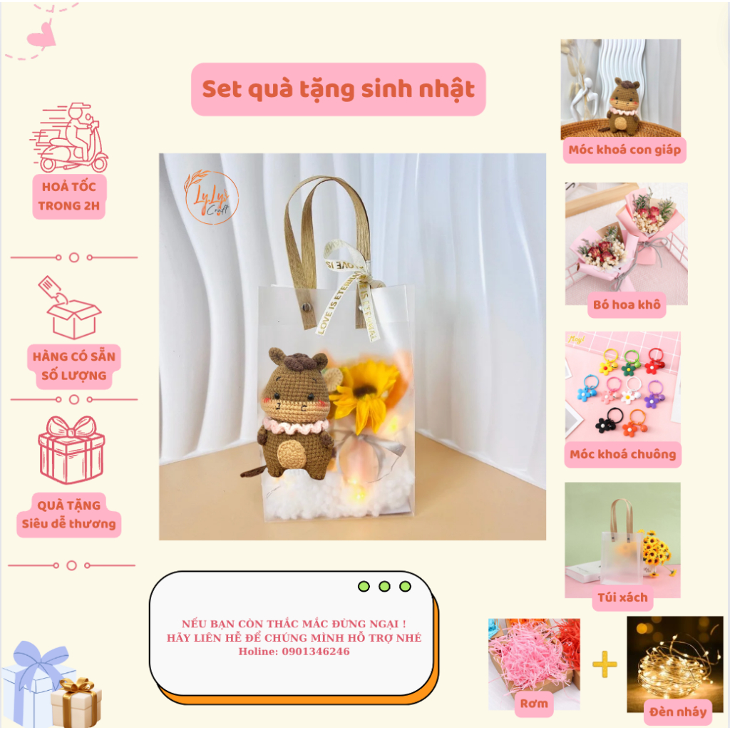 Set Quà Sinh Nhật Handmade Dễ Thương LYLYCRAFT , Móc Khoá Len 12 Con Giáp Kèm Túi Đựng  Có Sẵn Thiệp